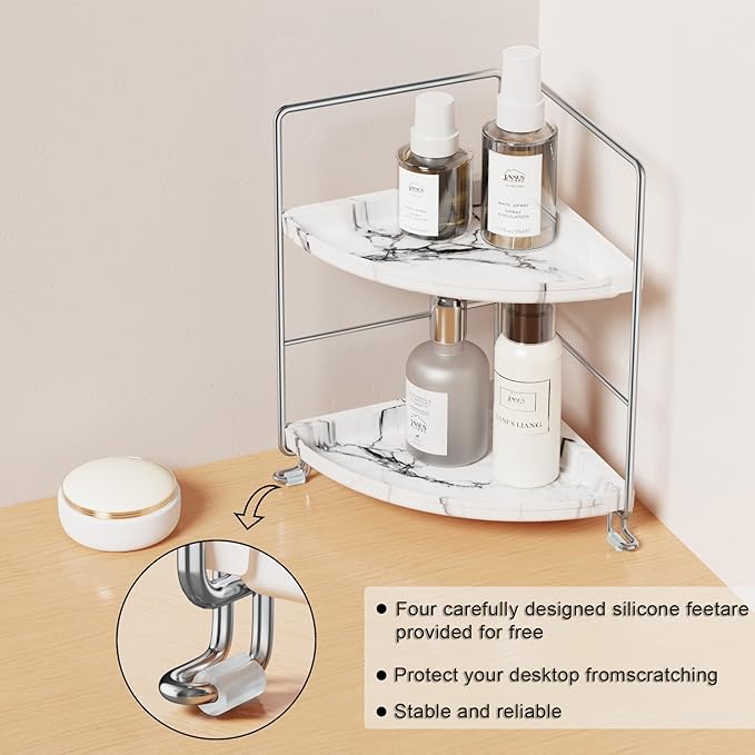 JANUS LiANG 2-Tier Corner Bathroom Organizer, Countertop Perfume Makeup Shelf Cosmetics Storage Shelf Display Rack Vanity Shelf,Kitchen Spice Rack,PP Imitation Marble Design,Tool-Less Install(Silver)