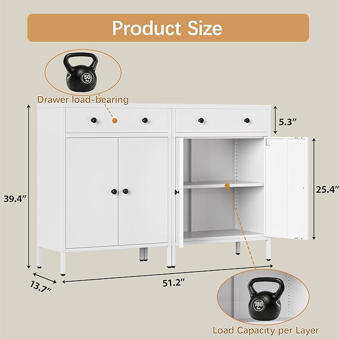 TaskStorz Metal Storage Cabinet with Drawer and Adjustable Shelf, White Steel Sideboard Buffet Cabinet, 35.4" H Coffee Bar Cabinet for Kitchen, Dining Room, Entryway