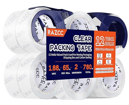 RAZCC Packing Tape, 12 Rolls Clear Heavy Duty Packaging Tape with Dispensers for Packing, Shipping, Moving and Mailing, Thicker Sealing Tape-1.88" x 65 Yards Per Roll, 780 Total Yards