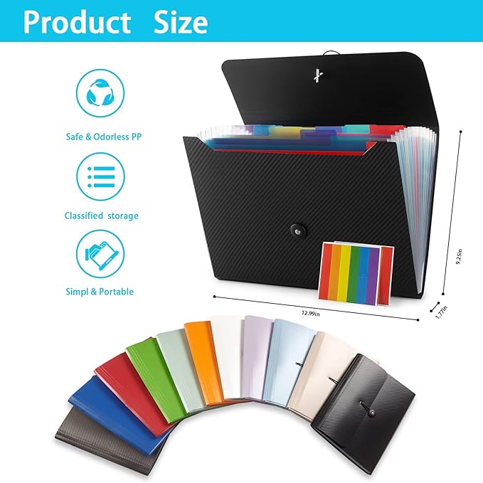Nicfaec Expanding File Folder with 13 Pockets, Red, Polypropylene, 12.99" x 9.45" x 1.1"