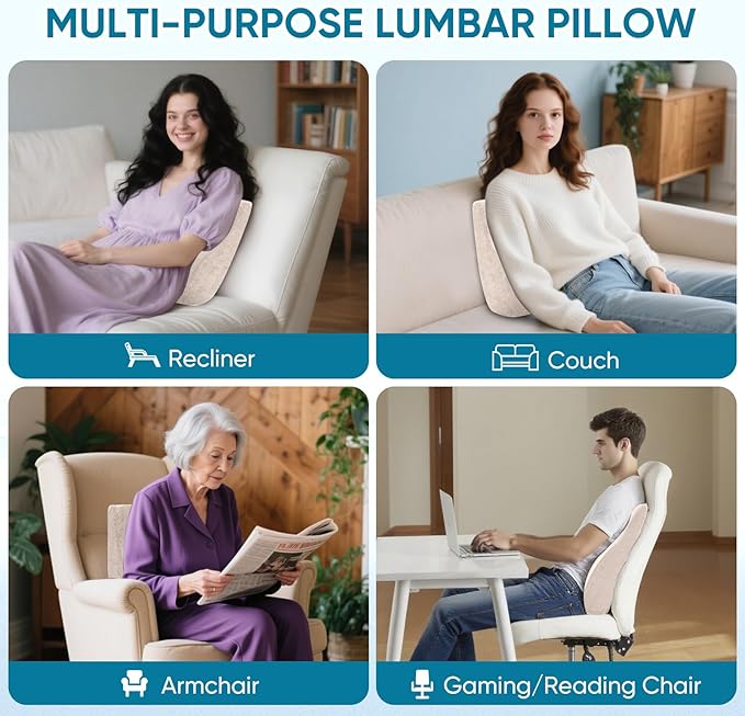 AHUAWA Lumbar Support Pillow for Recliner Chair and Couch, Memory Foam Back Cushion Ergonomic Large Back Support Pillow for Lower Back Pain Relief, with Soft Velvet