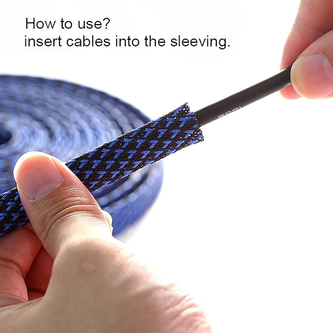 25ft - 3/8 inch PET Expandable Braided Sleeving – BlackBlue – Alex Tech Braided Cable Sleeve