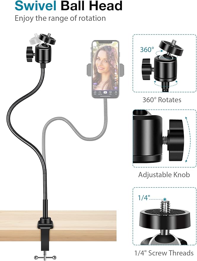 InnoGear Webcam Stand with Phone Mount, Desk Camera Arm Stands Gooseneck for Logitech Webcam BRIO 4K C960 C920 C920S C922 C922x C925e C930 C930e C615 NexiGo N60, Right Light, Gopro with 1/4" Thread
