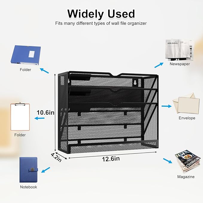 KZWKRG 4 Tier Magnetic File Holder, Large Capacity Mesh Hanging Wall Organizer Vertical Magnetic Hanging File Organizer, Magnetic File Folder Holder for File Cabinets, Office, Whiteboard (Black)