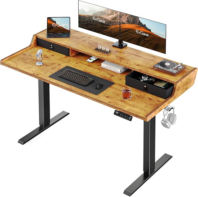 ErGear Electric Standing Desk with Drawers, 55″ x 28″ Gaming Table Compatible Monitor Stand, Stand up Desks, Home Office Height-Adjustable Desk with Storage Shelf, 4 Preset Heights, Vintage Brown