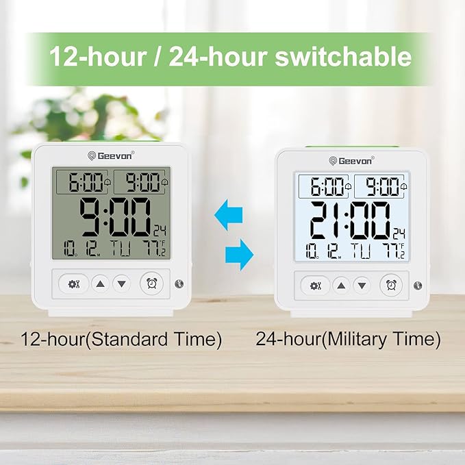 Geevon Atomic Travel Alarm Clock with Auto/8s Backlight, 2 Alarm Settings, Temperature Detect, Increasing Beep Sounds Digital Atomic Travel Clock Battery Operated for Bedroom, Bedside, White