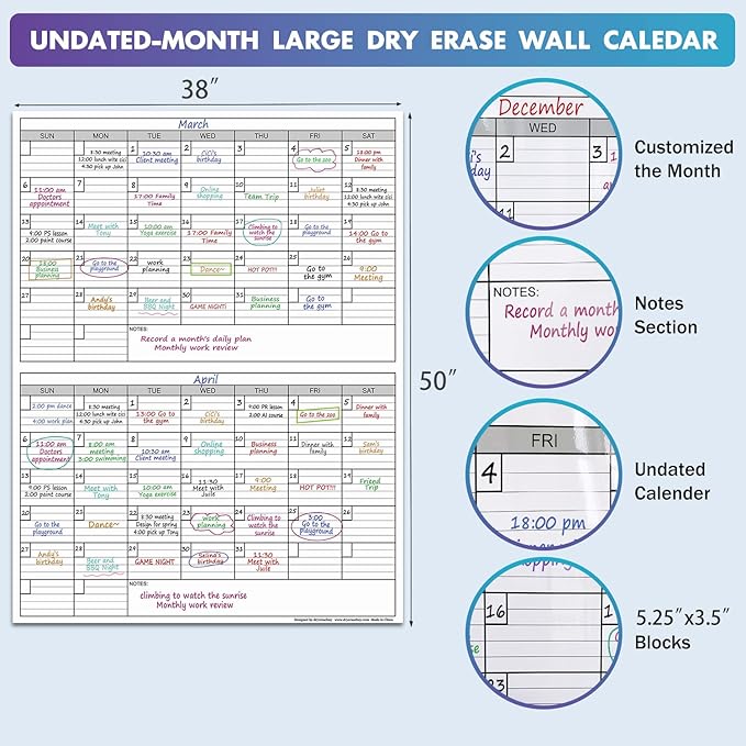 Dry Erase Two Month Laminated jumbo Wall Calendar, 38" x 50", Huge bimonthly Vertical Laminated Erasable White Board, Giant 60 day Family Whiteboard Schedule Planner, Large Multi Month Reusable Poster