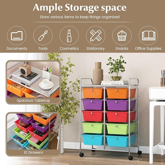 LDAILY 10 Drawer Rolling Cart, Storage Cart Organizer on Wheels, Drawer Cart with Metal Frame & Large Storage Capacity, Rolling Cart with Drawers for Living Room Classroom, Office