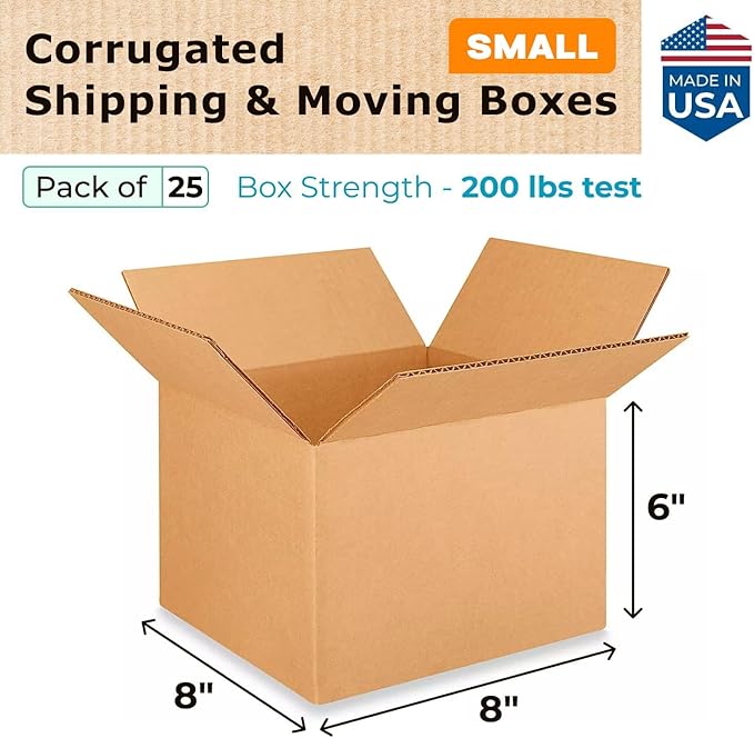 Small Moving & Shipping Boxes 8"L x 8"W x 6"H (25-Pack) - Extra Strength 200 lb vs Regular - Corrugated Boxes for Packaging Moving - Small Cardboard Box - Corrugated Box by IDL Packaging