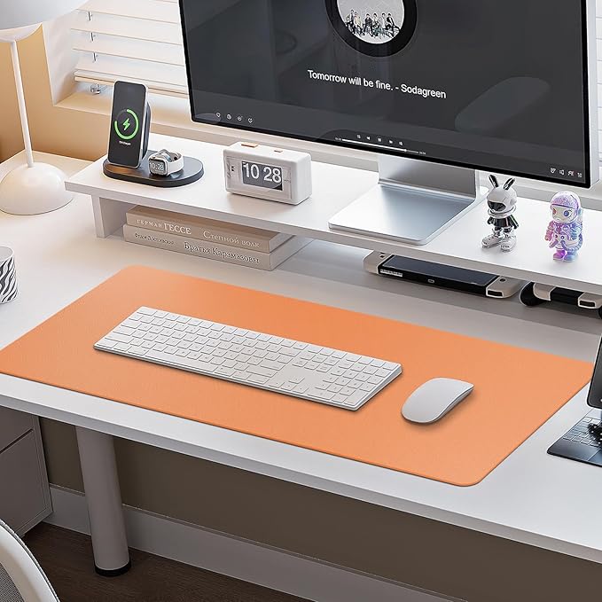 Boutilon Leather Desk Pad Protector,Non-Slip Mouse Pad,Laptop Desk Pad,Office Mouse Mat,Waterproof Leather Desk Blotter,Desk Writing Pad for Office and Home (M-Orange,30"x14")