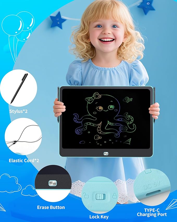 Rechargeable LCD Writing Tablet for Kids, 16 Inch Colorful Drawing Tablet, Educational Toddler Drawing Pad, Reusable Learning Toys for Kids (Ages 3-12), Ideal Gift for Christmas Birthday (Blue)