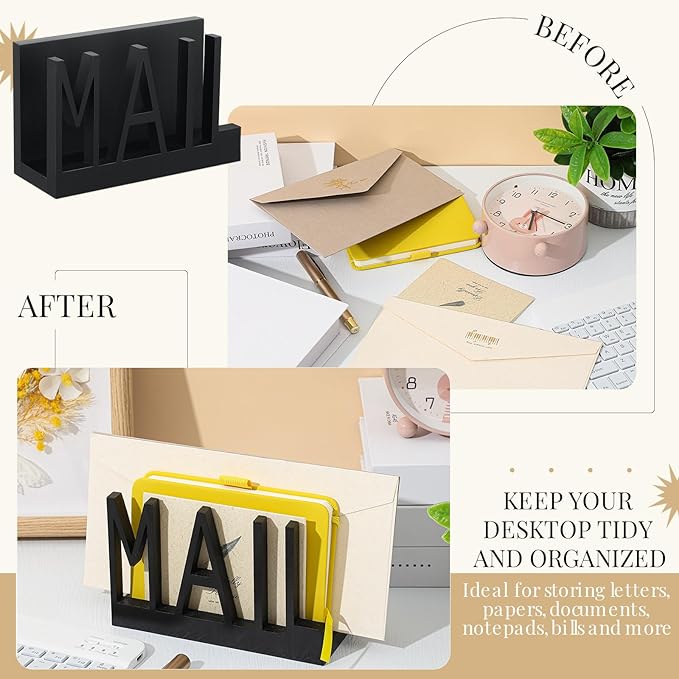 Vercraft Mail Organizer Holder Organizer Countertop Modern Wooden Black Letter Holder with Cutout Lettering Design Outgoing Mail Holders for Office Desktop Envelope and Document Storage Rack