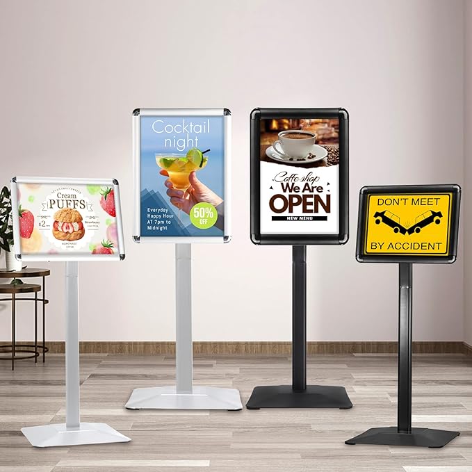 Sign Holder Stand, Heavy-Duty 8.5x11 Inch Aluminum Floor Stand for Posters & Signs | Includes PVC Plastic Sleeve & Weighted Base | Black Poster Display Stand