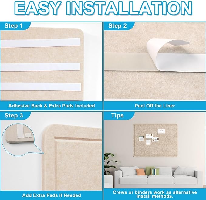 Large Felt Bulletin Board for Wall, 36"x24" Frameless Picture Board, Soft Felt Cork Board for Office, Home Planning & Office Wall Decor, Easy Install Pin Board