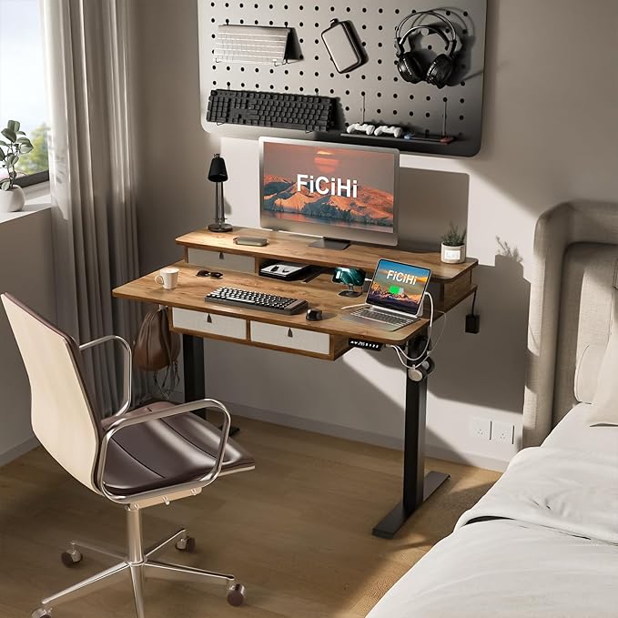FiCiHi Adjustable Height Standing Desk with 4 Drawers,48 x 30 inches Electric Sit Stand Home Office Desk with Two Tiers, 3 Memory Presets, Monitor Stand Riser, USB A/C Charging Port