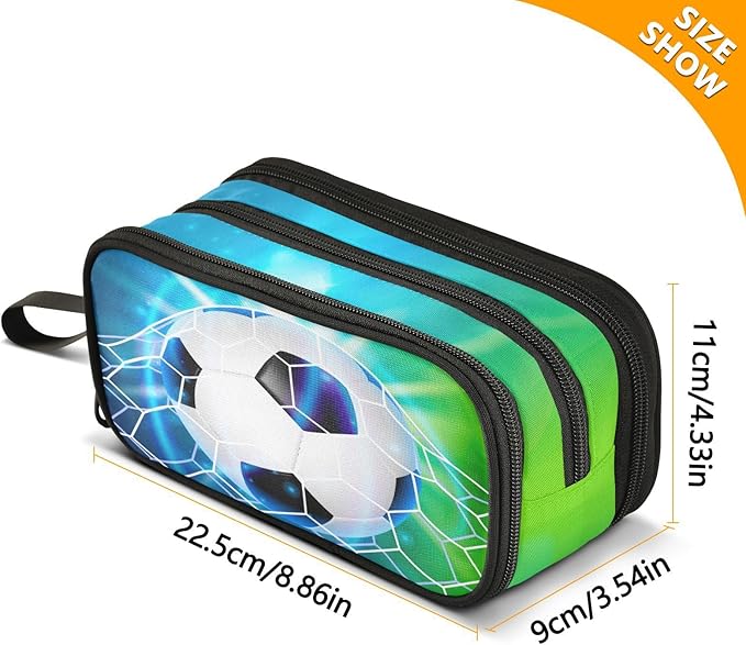 BOENLE Soccer Football on Field Pencil Case Box Boys Girls Large Pencil Pouch with Zipper Compartments Big Capacity Stationery Pen Bag Organizer for Kids Teens Adults School