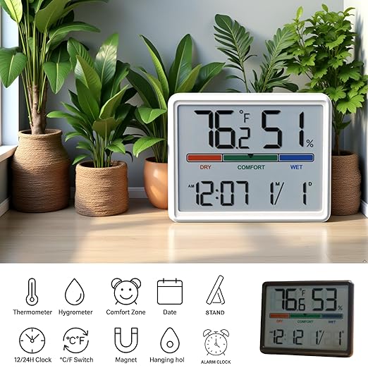 Luzsco Digital Hygrometer Indoor Thermometer, Clock with Temp & Humidity, Temp Gauge with Comfort Indicator, Wall/Magnetic/Desk Alarm Clock for Bedroom, Baby Room, Office, Kitchen, Garage (White)