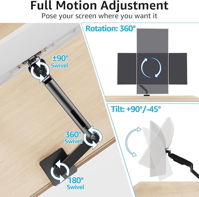 MOUNTUP Single Monitor Mount with USB Fits 49 42 40 35 34 32 27 24 inch Large Screen, Heavy Duty Monitor Arm, Monitors Stand for Desk, Holds 4.4-33 lbs, Ultrawide Monitors Arm, VESA Mount