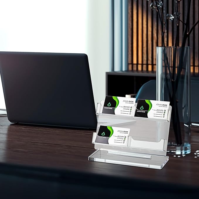Dunzoom Business Card Holder for Desk 4 Slots Clear Gift Card Display Acrylic Business Holder Display Stand Multiple Organizer for Office Meeting Exhibition Home
