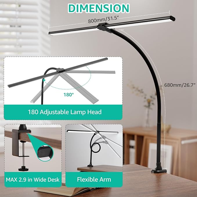 ShineTech LED Desk Lamp for Home Office, 4000K Neutral White Double Head Architect Task Lamps with Clamp, Dimmable Adjustable Flexible,Black