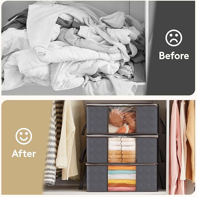 Lifewit 3 Pack Clothes Storage Bag, Foldable Storage Bin Closet Organizer with Reinforced Handle, Sturdy Fabric Blanket Storage with Clear Window, Storage Containers for Clothing, Bedding, Gray