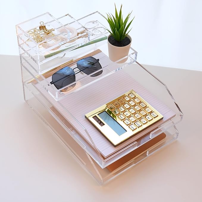 EXPUTRAN (2pcs Pack) Stackable Clear Acrylic Paper Trays, Desk File Organizer, A4 Paper Holder, Letter Tray