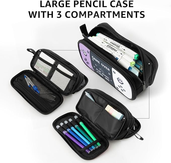Easozoom Large Game Controller Pencil Case for Teen girl Kid Capacity Pen Box Pouch Organizer Holder Bag with 3 Compartments & Zipper School College Office Supplies (1PCS Pencil Case) (Purple&White)