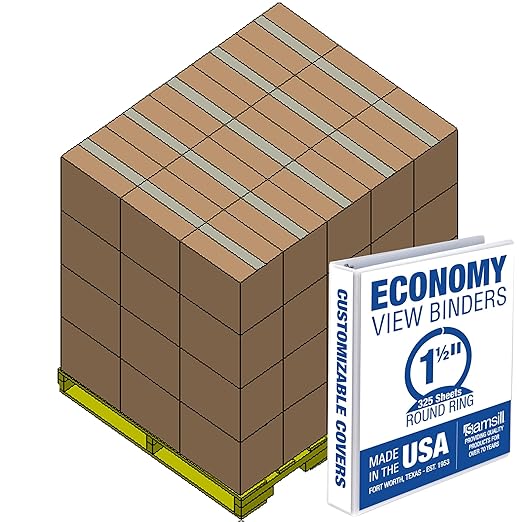Samsill Economy 1.5 Inch 3 Ring Binder Bulk Pallet, Made in The USA, Round Ring Binder, Customizable Clear View Cover, White, Pallet of 720 Binders in 60 Cartons