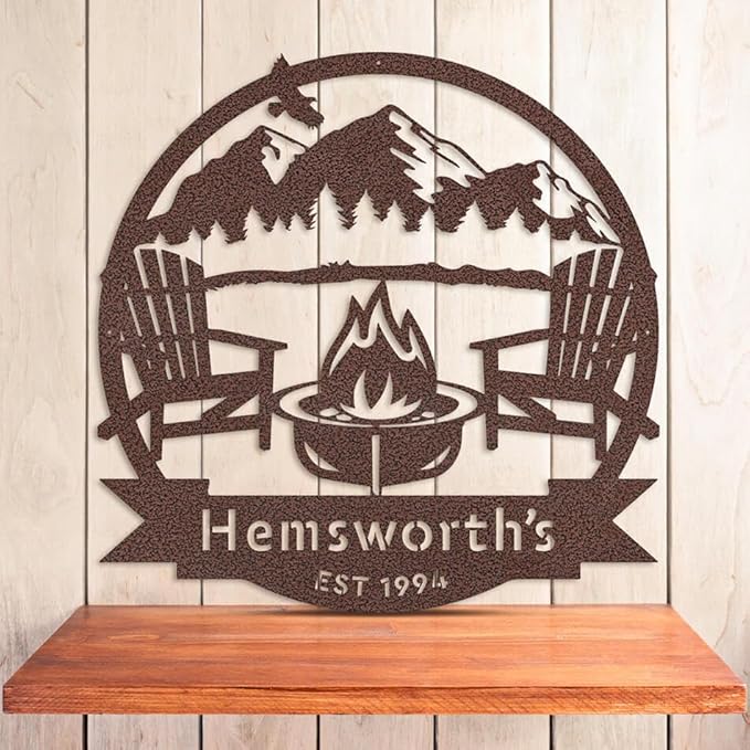 RealSteel Personalized Campfire Monogram Sign – Custom Metal Wall Art for Home, Cabin, or Campsite – Ideal Gift for Weddings, Anniversaries, Housewarmings
