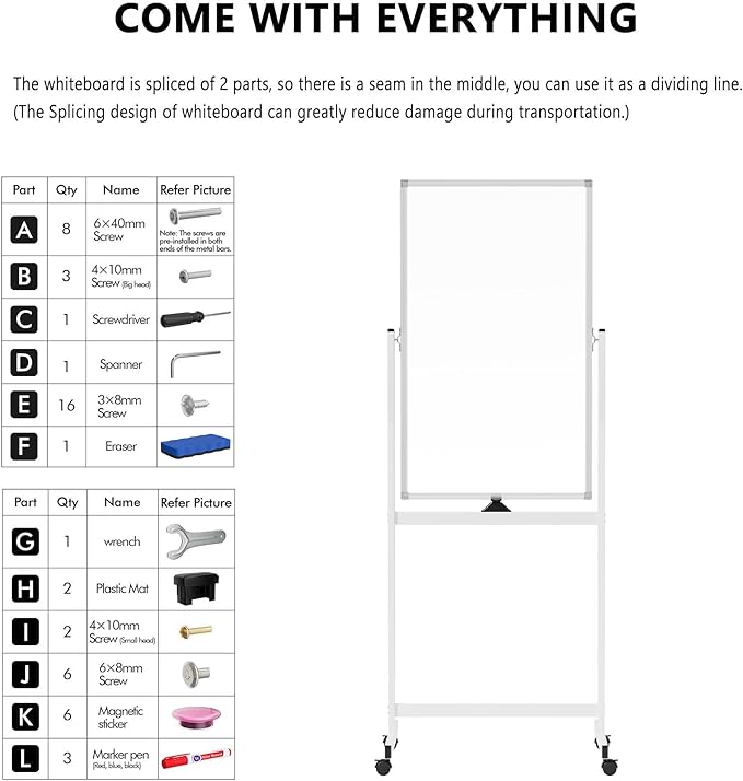 Neatsure Rolling Whiteboard on Wheels, 40" x 24" Double-Sided Mobile Magnetic White Board with Stand, Portable Standing Dry Erase Board Easel for Home Office Classroom School, Silver