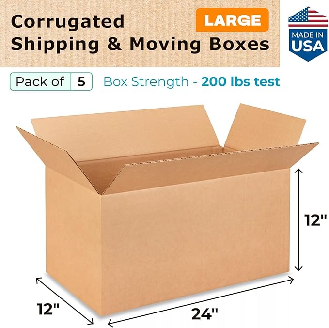 Large Shipping & Moving Boxes 24 x 12 x 12 inches (5-Pack) - Extra Strength 200 lb vs Regular - Corrugated Cardboard Boxes Moving - Large Moving Box for USPS, FEDEX by IDL Packaging