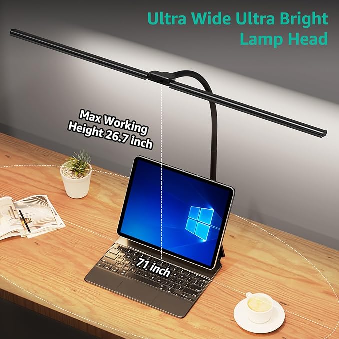 ShineTech LED Desk Lamp for Home Office, 4000K Neutral White Double Head Architect Task Lamps with Clamp, Dimmable Adjustable Flexible,Black