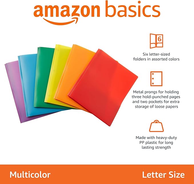 Amazon Basics Heavy Duty Plastic Folders with 2 Pockets for Letter Size Paper, Assorted Colors, Pack of 6