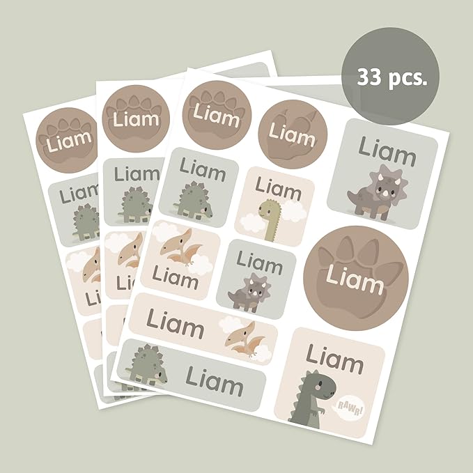 Large Name Labels for Kids (33) - Custom Stickers for Daycare and School Supplies - Durable, Waterproof Stickers for Water Bottles, Lunch Boxes, and More with Unique Designs - Dinosaur