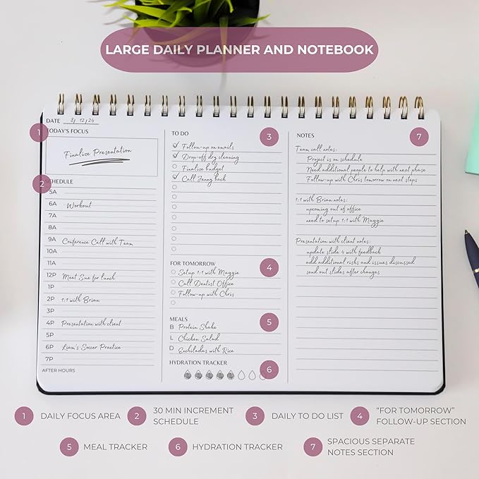 Merely Home | Durable & Sleek | Undated Daily and Weekly Planner | 8.25" x 11.75" | To Do List Notebook for Work | Simple Design | Multiple Layouts | Planner and Notebook in One (Rust, Daily Planner - Landscape)