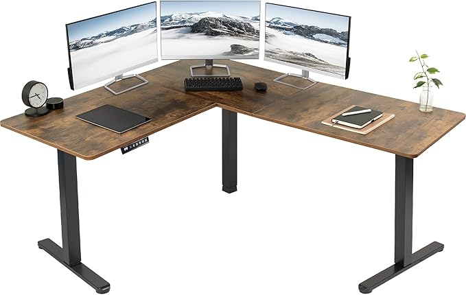 VIVO Electric Corner 63 x 55 inch L-Shaped Standing Desk, Memory Height Adjustment, Rustic Vintage Brown Top Black Frame, DESK-E3CTN