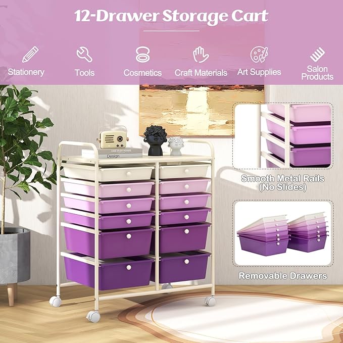 Happygrill 12-Drawer Rolling Storage Cart, Multipurpose Storage Cart W/Lockable Wheels, 2 Sizes Plastic Drawers & Metal Shelf, Mobile Utility Cart for Home Office School (Purple Gradient)