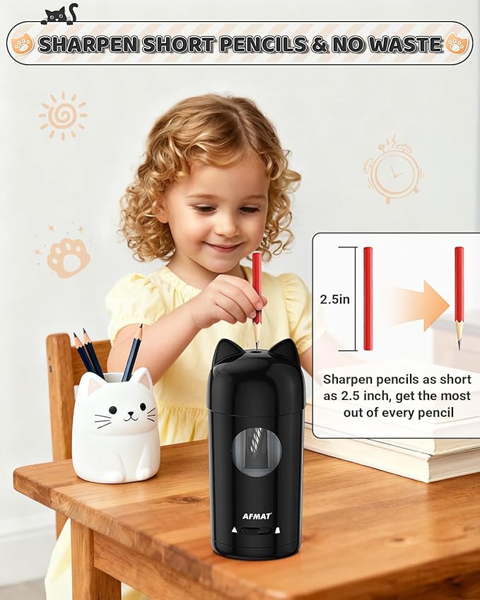 AFMAT Electric Pencil Sharpener, Fully Automatic Pencil Sharpener for Kids, Auto in & Out, for φ7-8mm No.2/Colored Pencils, Rechargeable & Cordless, Cute Cat Pencil Sharpeners for Classroom Home PSX9