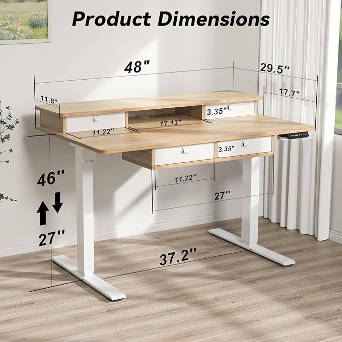 FiCiHi Adjustable Height Standing Desk with 4 Drawers,48 x 30 inches Electric Sit Stand Home Office Desk with Two Tiers, 3 Memory Presets, Monitor Stand Riser, USB A/C Charging Port