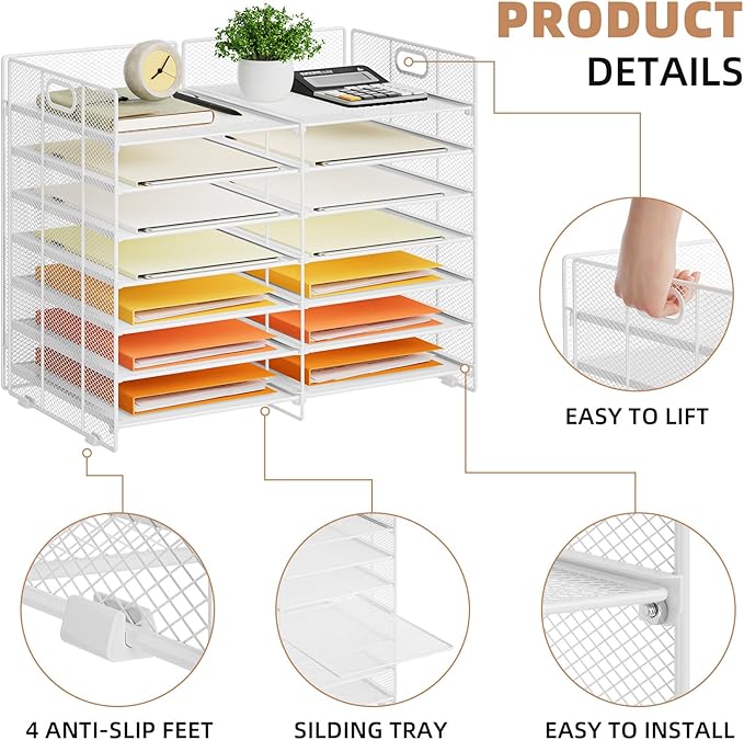 Marbrasse Desktop Literature Organizer, 12 Compartments Mesh Paper Organizer Desk Organizers, Adjustable File Sorter Mail Center Paper Storage Cabinet Classroom Mailbox for Office Home School, White