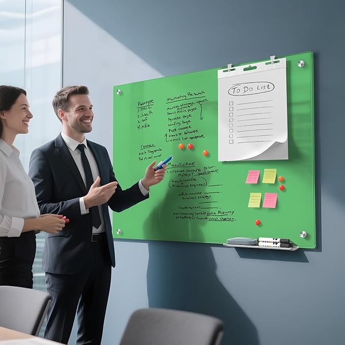 MaxGear Glass Whiteboard, Tempered Magnetic Dry Erase Board Green, Frameless Wall Mounted, Office Classroom Conference Room Home Use, Includes Markers, Eraser, Magnets & Mounting Kit