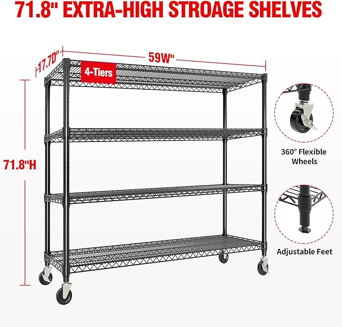 MilleLoom 72" H X 59 W X18 D Storage Shelves with Wheels, 4 Tier Wire Shelving Adjustable Metal Shelving Shelves Capacity 2640LBS Heavy Duty Shelf for Garage Shelving, Pantry, Kitchen, Commercial
