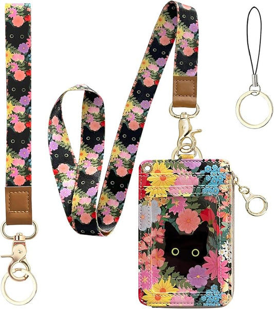bolimoss Black Cat Flower Lanyard Wallet,Pu Leather Women Zid ID Case with Lanyards,Cute Neck & Wrist Lanyard Keychain for Women, Teacher, Nurse, Office Name Tag Badge Holder ID Card Holder