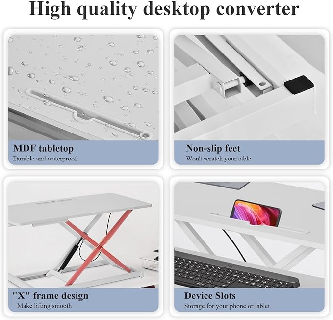 37 Inch Standing Desk Converter - Manual Pneumatic Spring, Two Monitor Stable Standing Desk Converter, 5.9" to 18.8" Height Adjustable Laptop Workstation with Keyboard Tray for Home, Company(White)