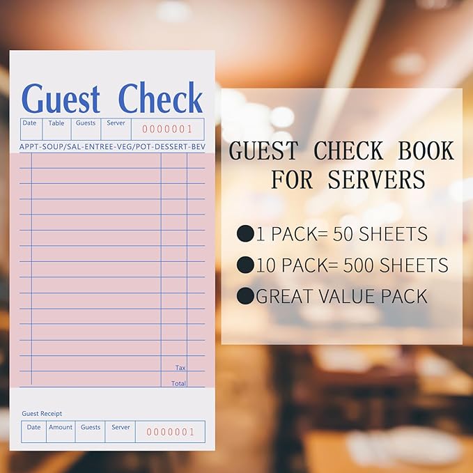 Guest Check Books 10 Pack, Guest Checks for Servers, Server Note Pads, Waitress Accessories Writing Pad, Thick Server Paper with Guest Receipts, Restaurant Supplies Order Pad Total 500 Sheets（Pink)