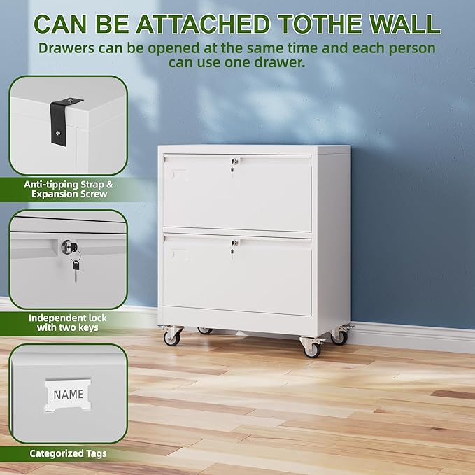 METAN Upgrade 2 Drawers Lateral File Cabinet on Wheels,Steel Office Filing Storage Cabinet with 2 Locks,White,Assembly Required