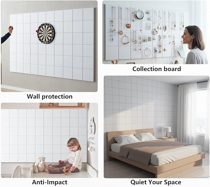 G Gamit Large Felt Wall Tiles Bulletin Board 59”x36”,Large Cork Board Alternative with 60 Pushpins, 15-Pack Felt Pin Board with 112 Safe Removable Adhesive Tabs for Home Office School (White)