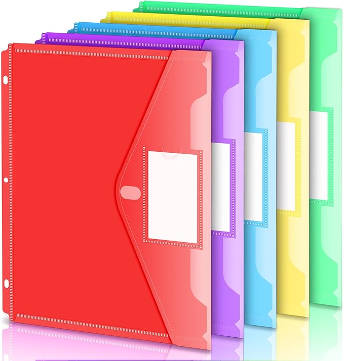 Forvencer Binder Pocket, 5 Pack Super Heavyweight Poly Binder Pocket with Tight Closure, Binder Folders Side Loading, 3 Ring, Binder Dividers with Pockets, Letter Size, Assorted Colors