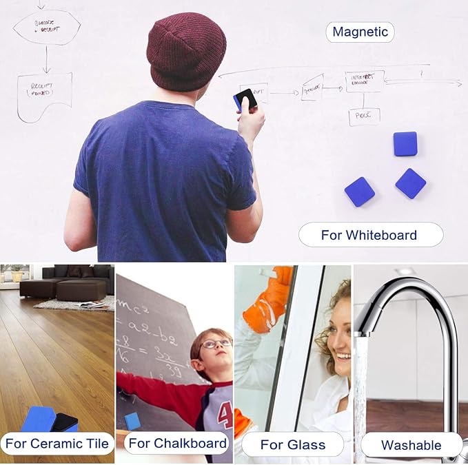 BingBing Dry Erase Erasers, 48 Pack Magnetic Whiteboard Eraser Chalkboard Cleansers Wiper for Classroom Office & Home (blue48)