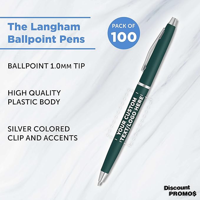 DISCOUNT PROMOS Custom Langham Ballpoint Pens Set of 100, Personalized Bulk Pack - Black Ink, Great for Office, School, Business, Tradeshows - Hunter Green